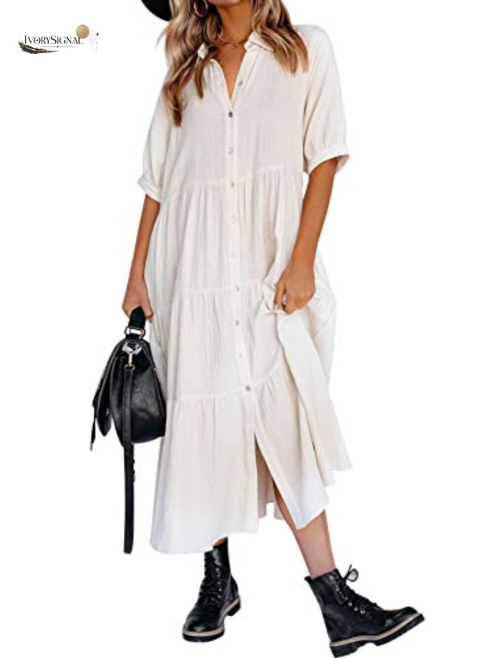 Women's Cotton Button Down Midi Dress with Pockets